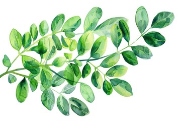 Wall Mural - Fresh Herbal Leaf. Watercolor Illustration of Healthy Green Moringa Leaves on White Background