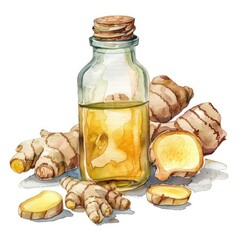 Wall Mural - Ginger Essential Oil: Watercolor Herbal Medicine for Health and Wellness