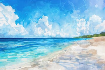 Hand Drawn Seascape: Tropical Beach with Clear Blue Skies and Calm Sea. Watercolor Illustration of Paradise Vacation Destination