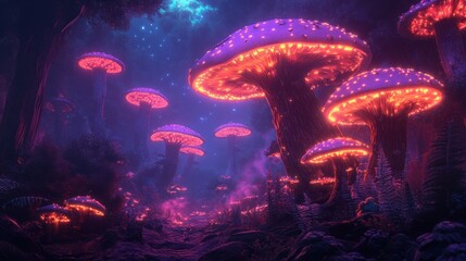 Canvas Print - Enchanted Forest with Glowing Mushrooms