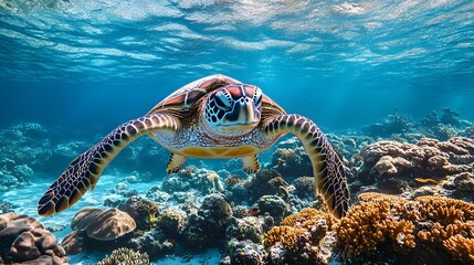 Green turtle gracefully glides through the crystal-clear waters of the tropical ocean, surrounded by vibrant coral reefs and schools of colorful fish.