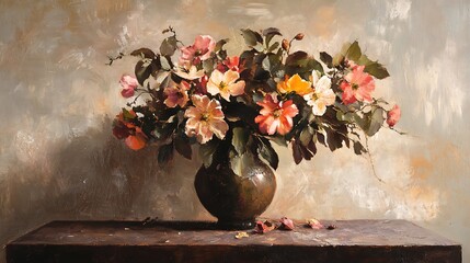 Canvas Print - Oil Painting of Roses in a Vase