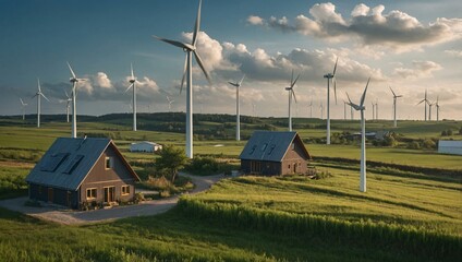 Rural landscape with wind turbines and eco-friendly houses.