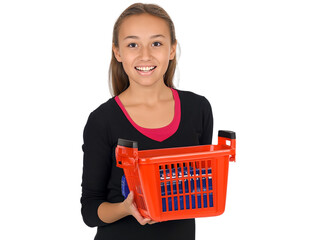 Young woman holding a shopping basket full of food isolated on white background.