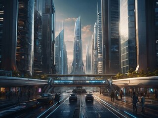 Wall Mural - Sci-fi city with intelligent robots managing public services, a vision of the future.