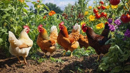 Canvas Print - Colorful Chickens in a Garden