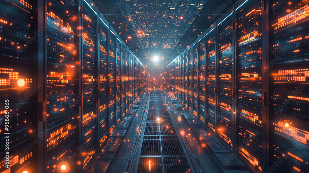 AI in the Cloud: A massive data center filled with servers, each ...