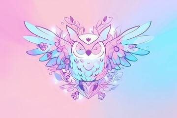 Wall Mural - A whimsical, pastel-colored illustration of a cute owl with spread wings, set against a vibrant geometric background. Perfect for children's designs, posters, or playful branding.