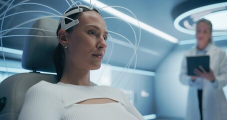 Aufkleber - Futuristic laboratory, Female Patient Wearing Headset for a Brain Scan With Advanced Neural Technology, Monitored by a Doctor Using a Tablet. Advanced Medical Research and Cognitive Enhancement