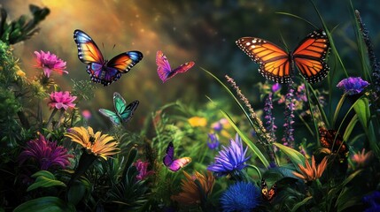 Canvas Print - A Colorful Symphony of Butterflies and Flowers