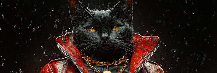 A black cat with piercing yellow eyes poses in a red leather jacket and gold chain, looking fierce and confident.