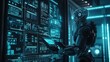 © nikomsolftwaer - Advanced AI robot analyzing information on a tablet, futuristic data center with glowing interfaces