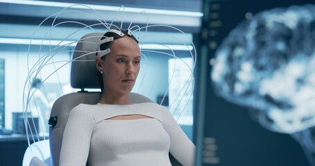 Aufkleber - Futuristic Laboratory: Female Patient Wearing Headset for a Brain Scan With Advanced Neural Technology. Monitors Show Brain Neural Pathways Data, Research on Neural Diseases and Cognitive Enhancement.