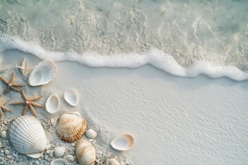 Wall Mural - shells and starfish on a sandy beach next to the ocean