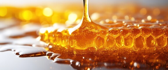 Wall Mural - Close-up of honey dripping onto a honeycomb, creating a golden, viscous liquid.