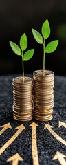 Wall Mural - A close-up of sprouts growing from stacks of coins, representing financial growth and sustainability in business.