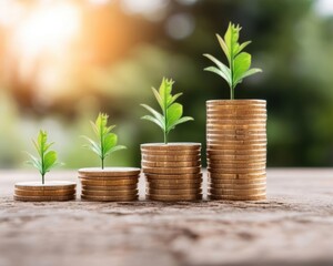 Wall Mural - A conceptual image of coins stacked with green sprouts, symbolizing growth, investment, and prosperity in finance.