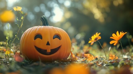 Cute halloween pumpkin with copy space outdoors