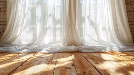 Wall Mural - Meditation in a quiet room with soft natural light streaming through sheer curtains Stock Photo with copy space