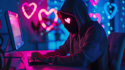 Romance scam, 419 love scam, hacker stealing data from computer, dark web dating scam. Ethical hacker, skull mask penetrating testing, scam mask design. Dark web criminal investigation 