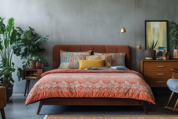 Wall Mural - Cozy bedroom with warm tones and plants, featuring a stylish bed and decorative elements.