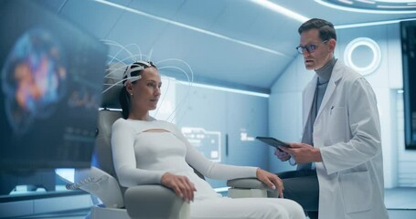 Aufkleber - Futuristic laboratory, Female Patient Wearing Headset for a Brain Scan With Advanced Neural Technology, Monitored by a Doctor. Advanced Research on Neural Diseases. Medical Consultation