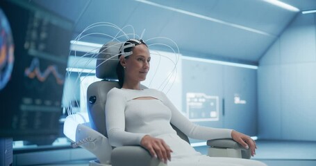 Aufkleber - Futuristic Laboratory: Female Patient's Brain With Advanced Neural Technology, Optimizing Cognitive Function and Virtual Reality Connection. Pan Shot from Monitor with Active Brain to Woman