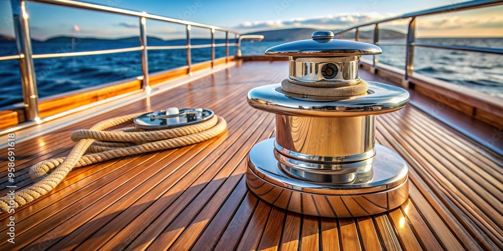 Vertical electric anchor winch on the teak deck of a luxurious yacht ...