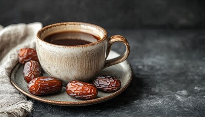 Wall Mural - A cup of coffee with dates on a grey background.