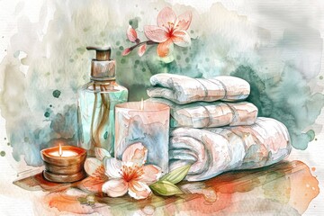 Wall Mural - Luxurious Spa Bath Essentials - Hand-drawn Watercolor Illustration for Ultimate Relaxation and Well-being