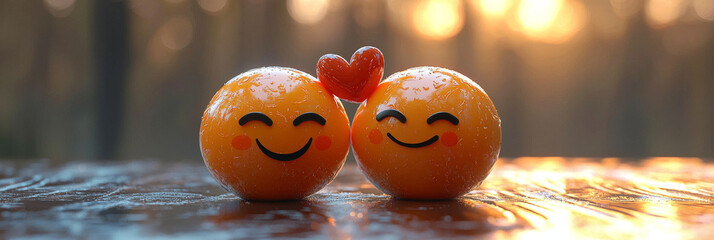 Two smiley faces with blushing cheeks are in love, a red heart sits above them. The background is a warm, blurry sunset.