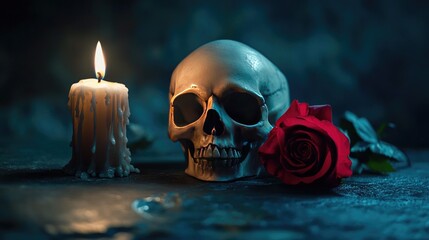 In the dead of night, a skull with a red rose and a candle emits a faint glow on a dark surface, creating a haunting yet romantic scene.