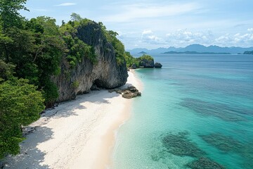 an aerial view of a sandy beach with clear blue water