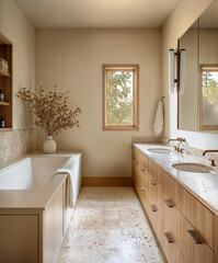 Wall Mural - Modern bathroom with beige and white decor, featuring a large bathtub, a sink with a wooden counter, a mirrored wall, a white vase with dried flowers and a window with a view of trees