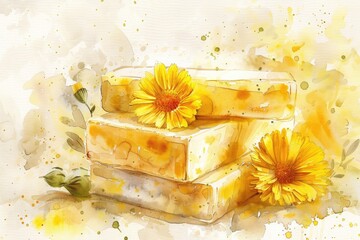 Wall Mural - Natural Calendula Herbal Soap. Handmade Watercolor Illustration for Spa Hygiene and Wellness