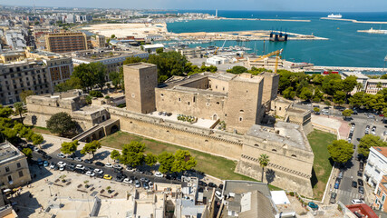 Wall Mural - Aerial view of the Norman-Swabian castle in the historic center of Bari, Puglia, Italy. The imposing fortress, symbol of the city of Bari, is located on the edge of the old town near the port.