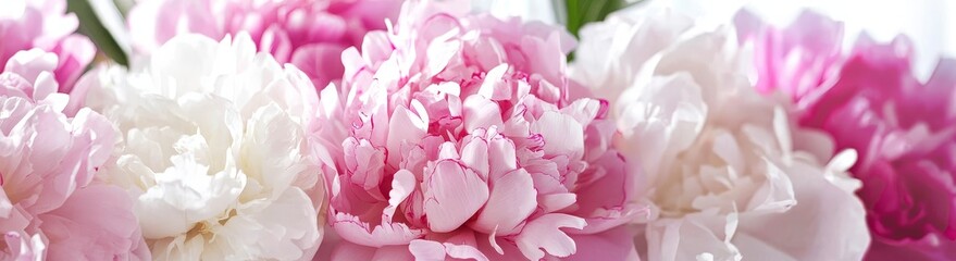 Wall Mural - A romantic banner with delicate white peonies flowers close up. The petals are fragrant pink