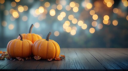 Halloween, orange pumpkins on a wooden table on a bokeh glowing background, copy space