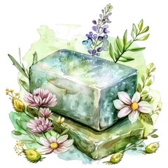 Wall Mural - Organic Herbal Soap. Watercolor Hand-Drawn Illustration for Wellness Spa and Beauty