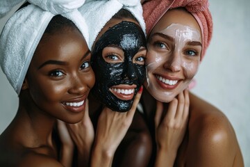 A group of multigenerational women is having fun while wearing a beauty mask for their skin care - with a special emphasis on the african girl's face