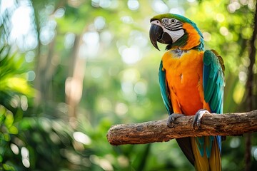 Colorful parrot perching on branch in lush tropical forest