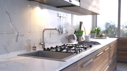 Wall Mural - A kitchen with a white countertop and a silver sink