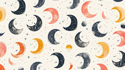 organic moon patterns hand drawn crescent pattern sketch doodles, colorful soft pastel crayons pencils 2d illustration panorama composition background mid tones seamless shapes artistic ornament