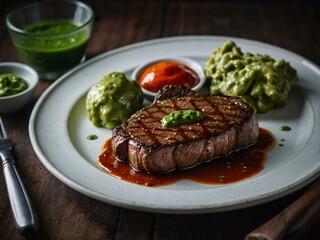 Poster - Steak with Sauce Plate of steak with a green sauce.