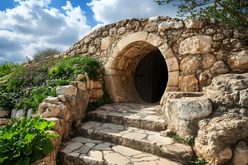 A stone cave featuring a round entrance and a large, round stone door, reminiscent of ancient burial sites or biblical tombs