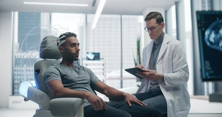 Aufkleber - Futuristic Laboratory: Male Patient Wearing Headset for an Advanced Brain Scan, Monitored by a Doctor Using Digital Tablet Computer. Neural Disease Research and Cognitive Optimization Using Technology