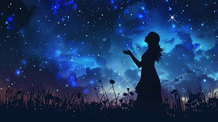 Photo of a woman worshiping god in the night sky. Vector illustration.