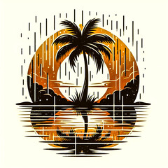 Wall Mural - A scene with a palm tree silhouetted against a vintage sunset, with rain falling lightly minimalist vector art illustration images on a white background.
