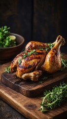 Poster - Succulent grilled chicken leg presented on a rustic wooden board.