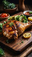 Poster - Succulent grilled chicken leg presented on a rustic wooden board.